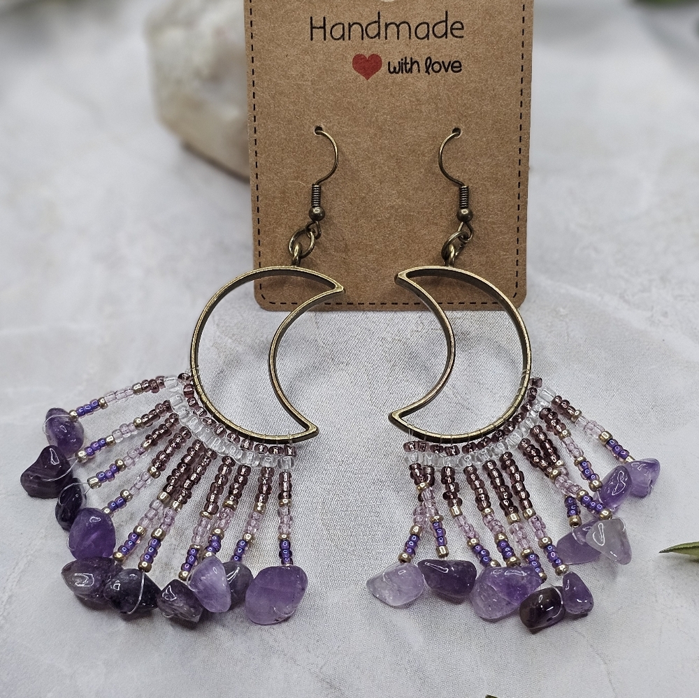 Brass Crescent Moon/Amethyst Chip earrings.